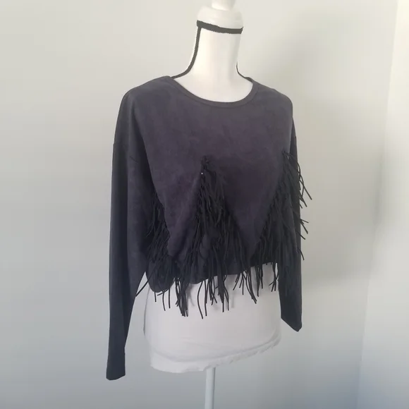 Market Cropped Blue Suede Top Sz Large - Picture 3 of 13